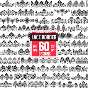 May include: A set of 60 black and white lace border designs. The designs are in a variety of styles, including floral, geometric, and abstract. The designs are perfect for adding a touch of elegance to any project.