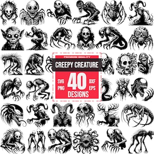 May include: A set of 40 black and white creepy creature illustrations. The illustrations include various monsters, demons, and other spooky creatures. The text "Creepy Creature" and "40 Designs" is displayed in a red box.