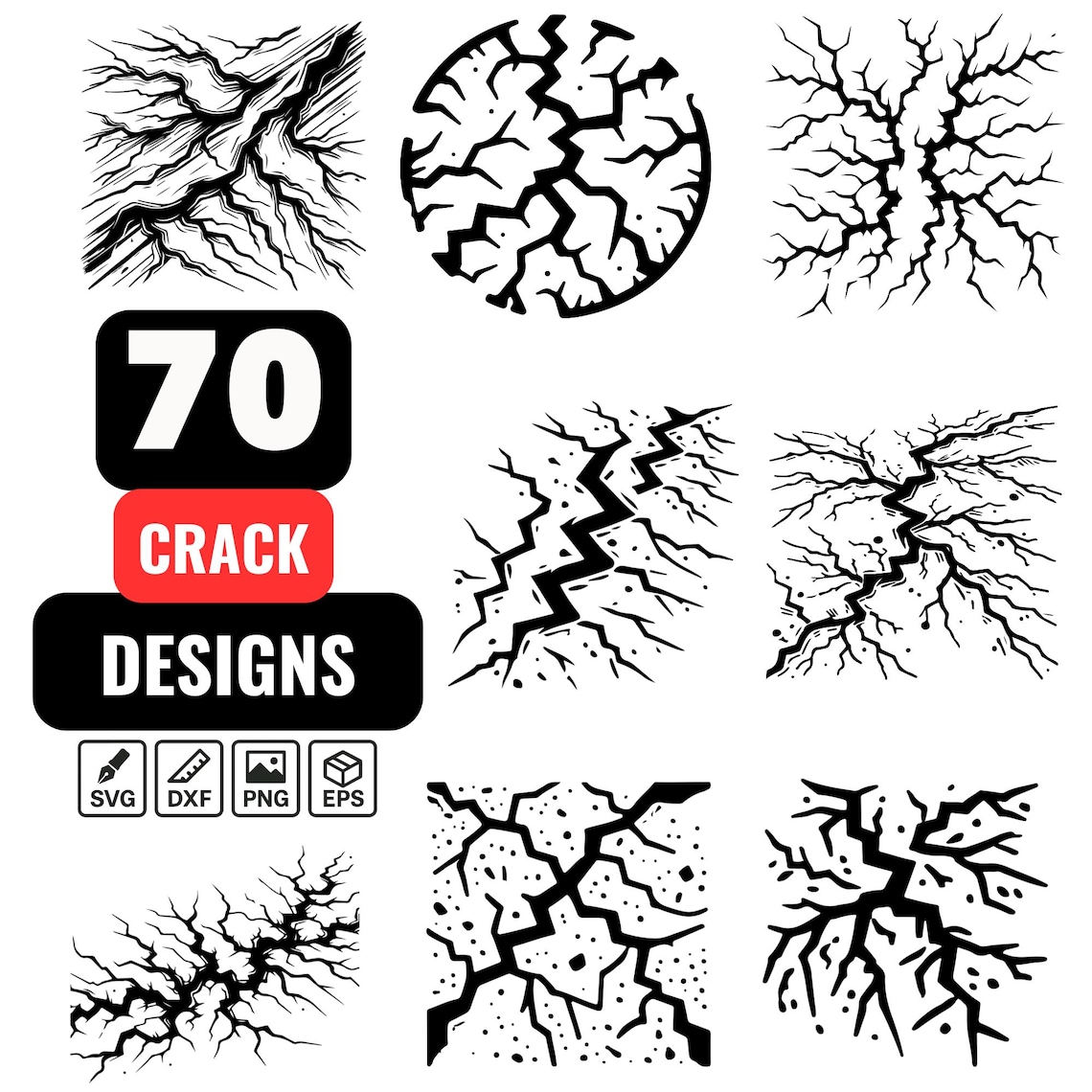 Crack SVG Bundle, 70 Broken Glass & Ground Split Designs, Cracked ...