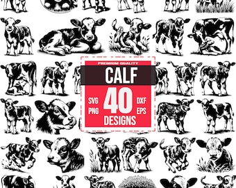 Calf SVG Bundle | 40 Adorable Farm Animal Designs | Cow, Baby Livestock, Silhouette, Cricut and Laser Cut