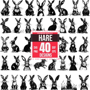 May include: A set of 40 black and white hare illustrations. The hares are in various poses, including sitting, standing, and running. The illustrations are perfect for use in crafting projects, scrapbooking, or digital design.
