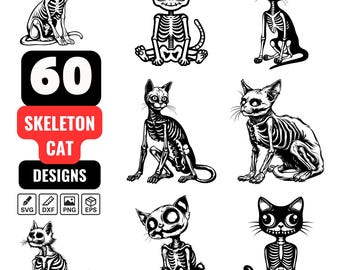 Paquete de 60 SVG de esqueleto de gato / Clipart de gato espeluznante de Halloween / Archivos de corte de gatito con calavera gótica