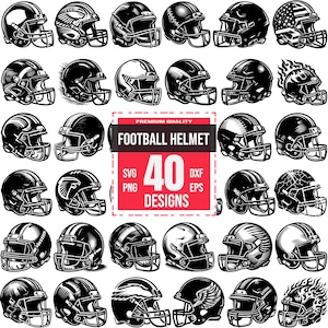 Peut inclure: Une collection de 40 modèles de casques de football en noir et blanc. Les casques présentent des styles variés, avec des rayures, des flammes et d'autres éléments décoratifs. L'image comprend le texte "Football Helmet" et "40 Designs" dans un encadré rouge.