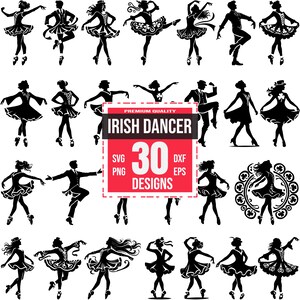 Pakiet Irish Dancer SVG | 30 eleganckich projektów irlandzkich tańców | Tradycyjna sztuka taneczna, celtycki tancerz Clipart