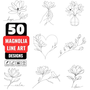 Magnolia Line Art SVG Bundle | 50 One Line Flower Drawing PNG | Minimalist Magnolia Clipart for Cricut and Laser