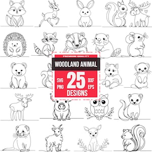 Cute Woodland Animals Line Art SVG Bundle | 25 Adorable Forest Creatures | Minimalist, Kids, Cricut and Laser Cut