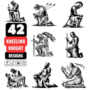 Kniender Ritter SVG Bundle, 42 mittelalterlicher Ritter Clipart, Kreuzritter und Rüstung PNG, historischer Krieger Vektor für Cricut, Silhouette, printable Art