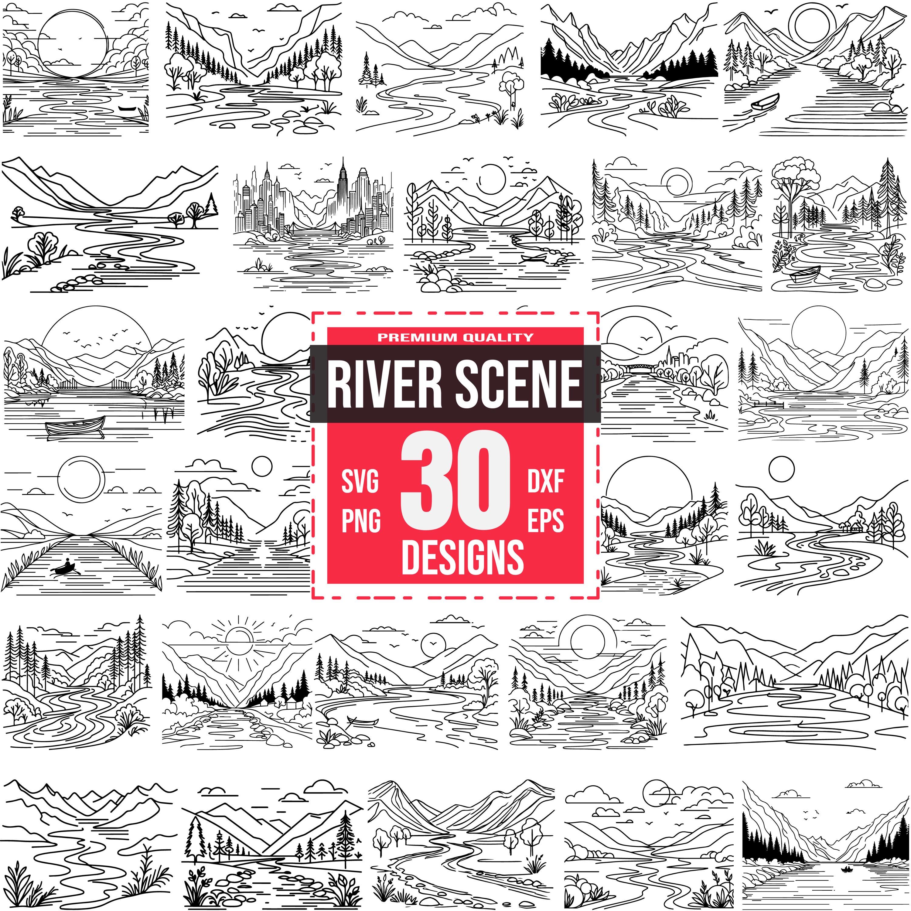 River Scene Line Art SVG Bundle | 30 Nature Designs | Landscape ...