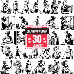 Cleaning Woman SVG Bundle, Housekeeper Clipart PNG, Maid DXF Cut Files, Janitor Vector Designs, Domestic Worker Graphics