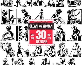 Cleaning Woman SVG Bundle, Housekeeper Clipart PNG, Maid DXF Cut Files, Janitor Vector Designs, Domestic Worker Graphics