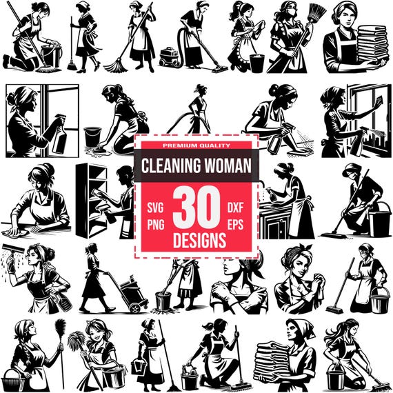 Cleaning Woman SVG Bundle, Housekeeper Clipart PNG, Maid DXF Cut Files, Janitor Vector Designs, Domestic Worker Graphics