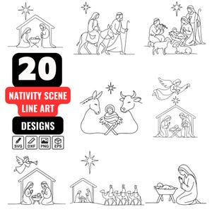 Puede incluir: Una colección de 20 diseños de arte lineal de escenas de la Natividad en blanco y negro. Los diseños incluyen ilustraciones de la Sagrada Familia, ángeles, animales y los Reyes Magos. También incluye iconos de tipo de archivo SVG, DXF, PNG y EPS.