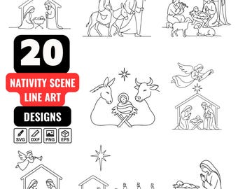 Nativity Scene Line Art Bundle | One Line Drawings for Cricut | Modern Minimalist Xmas Clipart | Jesus | Virgin Mary | Joseph | Holy Star