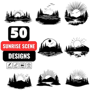 Sunrise scene Svg Bundle, Morning horizon png, Sun rising clipart, Scenic sunrise svg, Tranquil landscape svg, Landscape vector