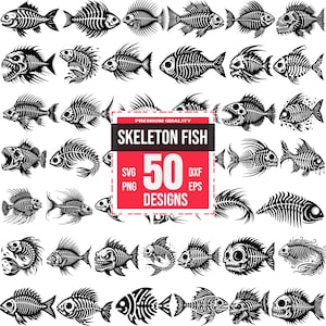 May include: A set of 50 black and white skeleton fish illustrations. The fish are in various poses and have different fin shapes. The text "Skeleton Fish" and "50 Designs" is in a red box.