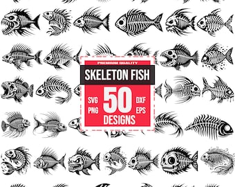 Skeleton Fish SVG Bundle, Fishing Skull PNG, Gothic Fish DXF, Spooky Marine Clipart, Creepy Ocean Bones, Angler Fish Tattoo