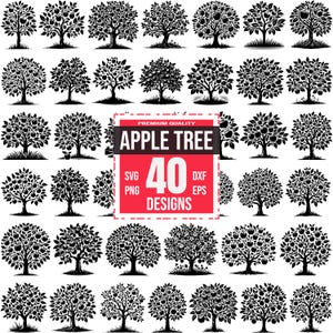 Peut inclure: Un ensemble de 40 motifs de silhouettes d'arbres à pommes en noir et blanc. Les motifs sont parfaits pour l'artisanat, le scrapbooking et autres projets créatifs.