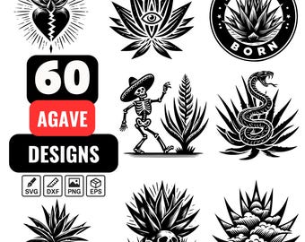 Paquete SVG de agave: 60 diseños tribales de plantas del desierto, vector de agave, arte de plantas sagradas, planta de tequila, nacido en el desierto, calavera, serpiente, corazón, ojo