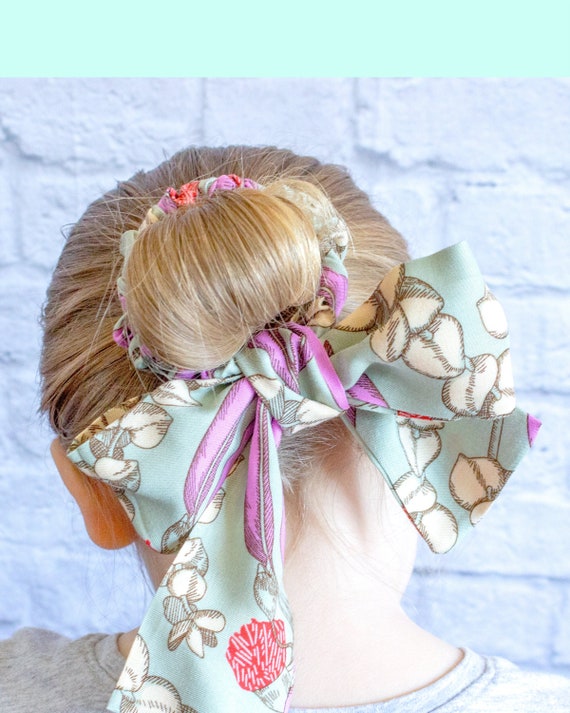 Hair Bow Scrunchie 80s Style Hair Tie Floral Hair Tie Big Bow