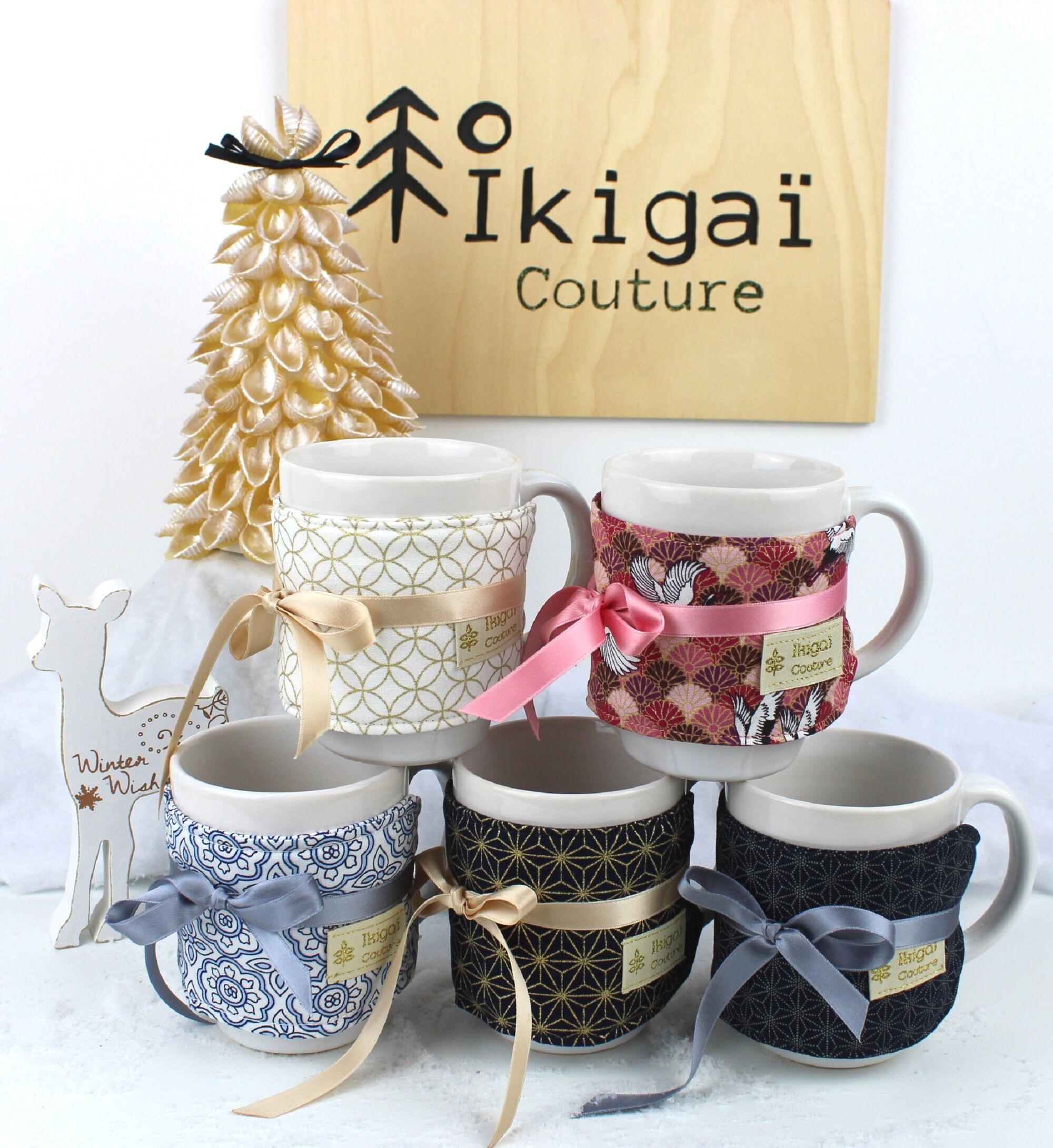 Mug Décoré d'un Obi en Coton Aux Motifs Japonais et Ruban de Satin