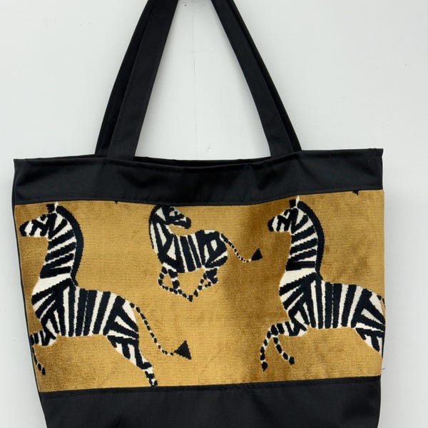 Canvas and velvet Dancing Zebra Tote Bag.