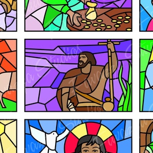May include: A stained glass window depicting scenes from the life of Jesus. The scenes include Jesus being baptized by John the Baptist, Jesus healing the sick, Jesus feeding the multitude, and Jesus being crucified. The stained glass window is colorful and intricate.