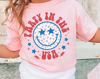 Retro Party in the USA Happy Face Graphic Shirt, Kids Retro 4th of July Shirt, Infant and Toddler Retro 4th of July Shirt