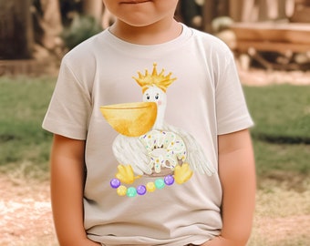 Boys Mardi Gras Pelican Printed Graphic Tee, Personalized Kids Louisiana Theme Graphic T-shirt, Mardi Gras Season Printed Shirt