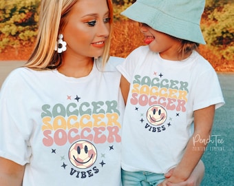 Happy Face Soccer Vibes Mom T-shirt, Retro Soccer Vibes Mom Shirt, Mommy and Me Soccer Shirt, Girls Soccer Vibes Retro Happy Face Shirt