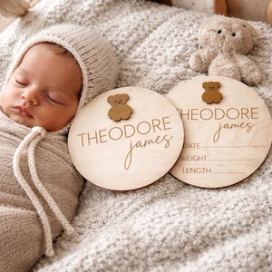 Teddy Bear Baby Name Announcement Wood Sign, Hospital Stats Round Prop