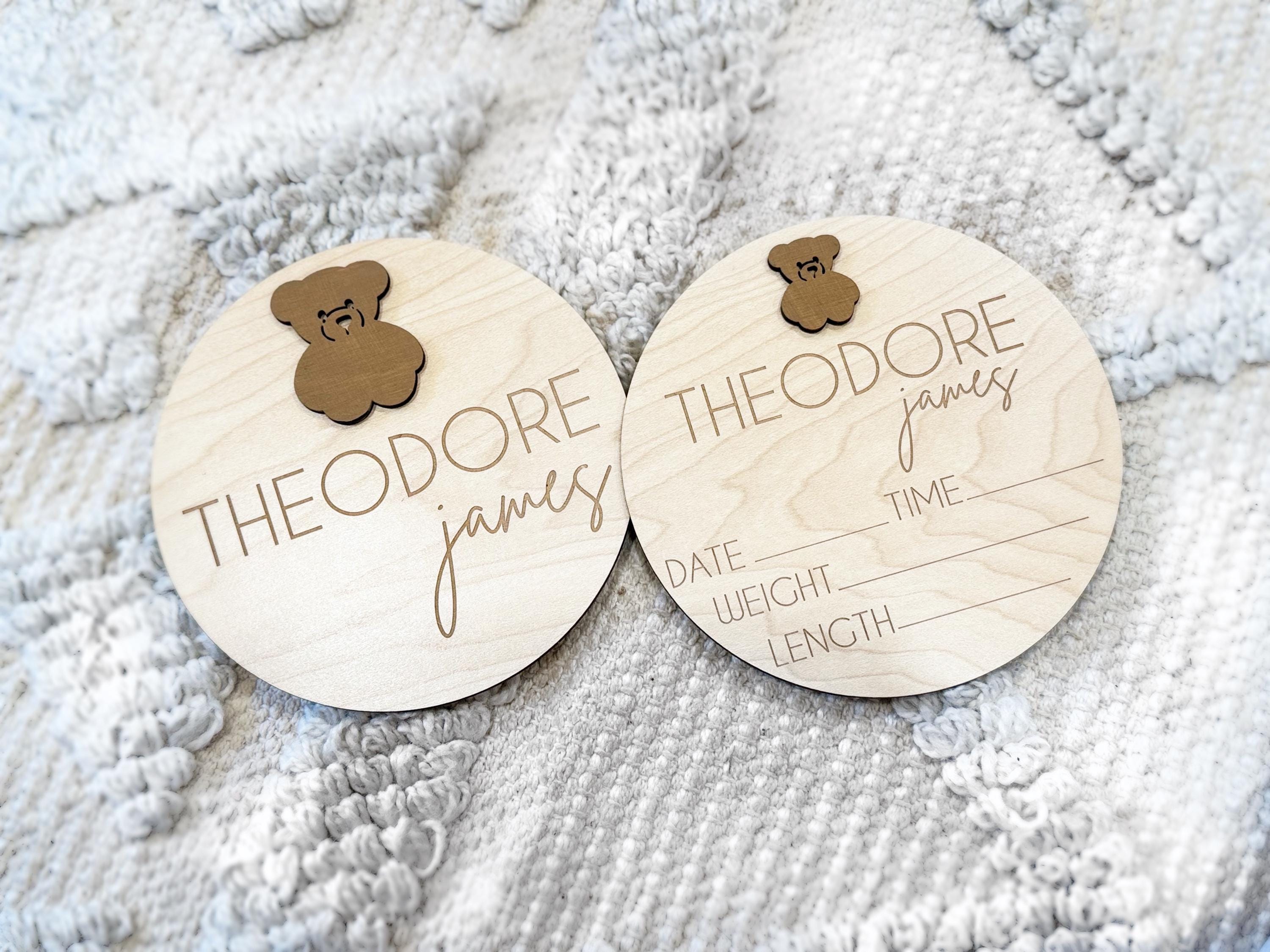 Baby Name Announcement Round Wood Sign, Teddy Bear Theme Baby Name Hospital Round, Baby Name Wood Circle Photo Prop