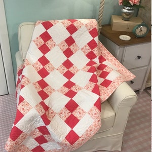 Handmade Pink and White Floral Quilt - Reversible Patchwork Design