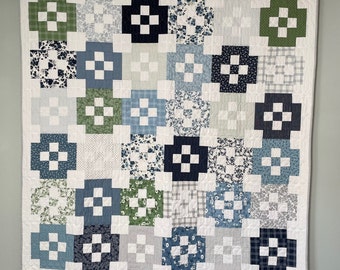 Handmade Patchwork Quilt-Blue, Green  & White