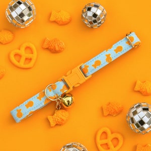 Gold Fish Cat Collar with Bell and Charm, Blue Breakaway Cat Collar, Boy Kitten Collar, Cute Safety Cat Breakaway Collar, Male Cat Collar