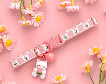 Tulip Cat Collar, Checkered Floral Breakaway Cat Collar, Cute Pink Spring Cat Breakaway Collar, Checked Flower Girl Kitten Collar with Bell