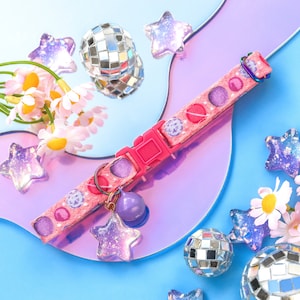 Pink Space Cat Collar with Bell and Star Charm, Planet Girl Cat Breakaway Collar, Fancy Galaxy Kitten Collar Safety, Luna, Nova, Celestial