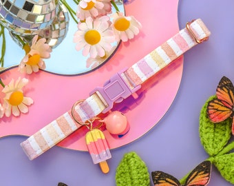 Summer Striped Cat Breakaway Collar with Charm and Bell, Popsicle Cat Breakaway Collar with Bell, Colorful Adjustable Kitten Safety Collar