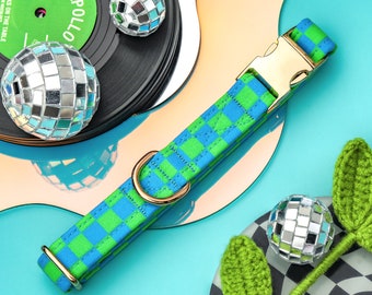 Checkered Dog Collar, Cute Y2k Boy Dog Collar, Groovy Green Blue Checked Dog Collar, Custom Dog Collar Male, Small Puppy Collar Retro