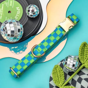 Checkered Dog Collar, Cute Y2k Boy Dog Collar, Groovy Green Blue Checked Dog Collar, Custom Dog Collar Male, Small Puppy Collar Retro