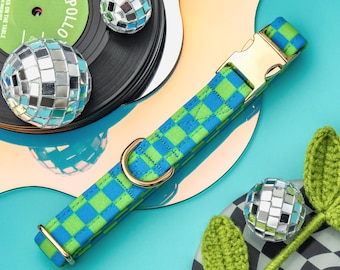 Checkered Dog Collar, Cute Y2k Boy Dog Collar, Groovy Green Blue Checked Dog Collar, Custom Dog Collar Male, Small Puppy Collar Retro