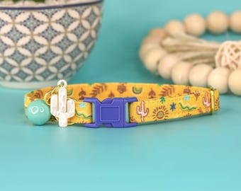 Boho Desert Cat Collar, Cactus Breakaway Cat Collar with Bell and Charm, Cute Western Boy Cat Collar, Fancy Sun Male Kitten Collar Safety