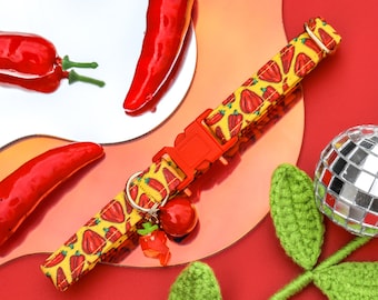 Chili Pepper Cat Collar with Bell and Charm, Colorful Boy Cat Breakaway Collar, Fun Handmade Boy Kitten Collar, Food Breakaway Cat Collar