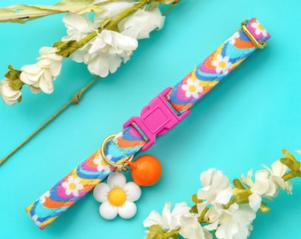 May include: A colorful dog collar with a pink buckle and a flower-shaped charm. The collar has a rainbow pattern with white flowers.