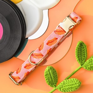 Retro Pink Hotdog Dog Collar, Cute Summer Dog Collar, Custom Girl Dog Collar, Dachshund Lover Dog Collar, Designer Female Dog Collar Food