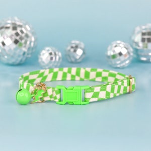 Groovy Checkered Cat Collar with Bell and Charm, Cute Boy Cat Breakaway Collar, Lightning Bolt Retro Kitten Safety Collar, Male Cat Collar