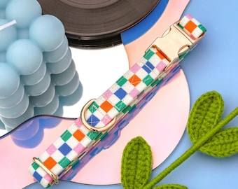 Colorful Checkered Retro Dog Collar, Y2K Groovy Custom Dog Collar, Handmade Large Boy Dog Collar, Cute Small Girl Dog Collar, Fancy Collar