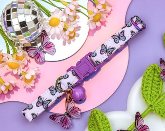 Purple Butterfly Cat Collar with Bell and Char, Cute Spring Cat Collar Breakaway, Fancy Girl Kitten Safety Collar, Cottagecore Cat Collar