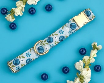 Floral Blueberry Dog Collar, Cute Summer Fruit Dog Collar, Cottagecore Custom Dog Collar, Small Girl Dog Collar, Large Customized Pet Collar