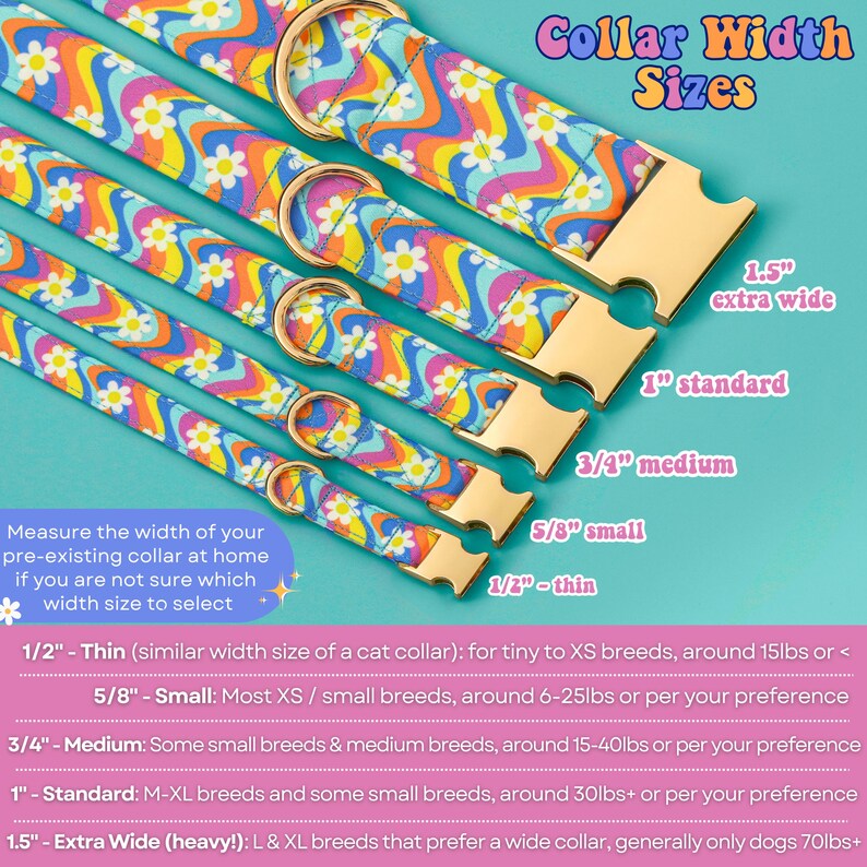 a variety of colorful cat collars in different sizes, ranging from 1/2" to 1" wide, with gold-colored metal rings. The collars are arranged in a row, showcasing the different widths available for customers to choose from.