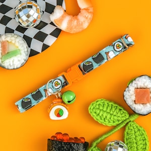 Sushi Cat Collar with Bell and Charm, Shrimp Cat Breakaway Collar, Cute Male Kitten Collar, Fish Breakaway Cat Collar, Blue Boy Cat Collar